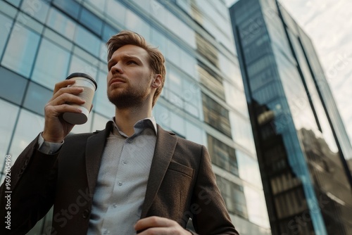 Confident young businessman using cell phone and drinking coffee in the city with generative ai