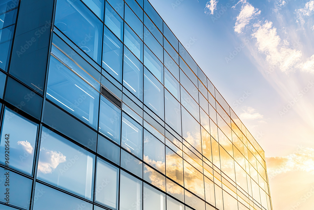 A modern office building with sleek glass reflecting sunset A modern office building with sleek glass reflecting sunset