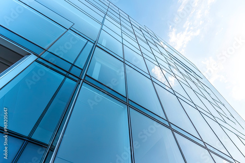 A modern office building with sleek glass panels reflecting sky