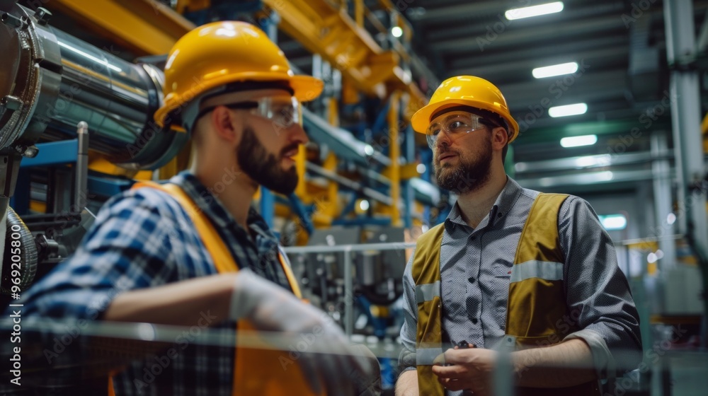 Two male engineers in safety gear converse in a factory with industrial equipment. Their collaboration reflects a focused work atmosphere. No digital tablet mentioned. Two male engineers in safety gear converse in a factory with industrial equipment. Their collaboration reflects a focused work atmosphere. No digital tablet mentioned.
