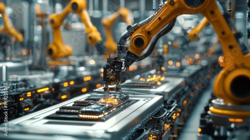 A detailed shot of smart robotic arms assembling small electronics in a futuristic, high-tech factory