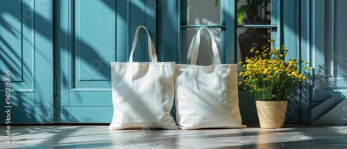 Two white bags on the ground, yellow flowers in a flowerpot between them. Scene in front of a blue door with a white windowsill above, creating a serene vibe. photo