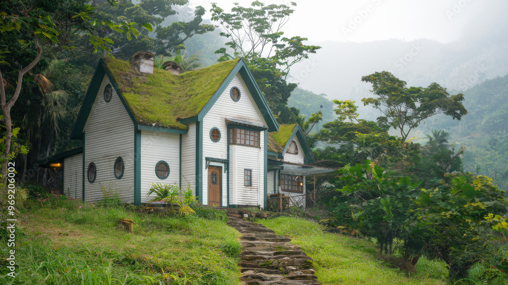 A quaint, white house with a green roof sits among a lush, green forest. The house has multiple stories and features round windows. There's a stone path leading up to the front door. A quaint, white house with a green roof sits among a lush, green forest. The house has multiple stories and features round windows. There's a stone path leading up to the front door.