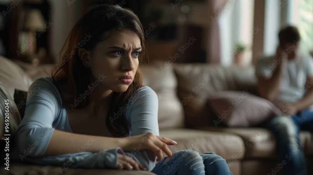 A photo shows a tense moment between a young couple in a dim room, sitting on separate couches. The woman looks serious, the man covers his face, implying a strained relationship. A photo shows a tense moment between a young couple in a dim room, sitting on separate couches. The woman looks serious, the man covers his face, implying a strained relationship.