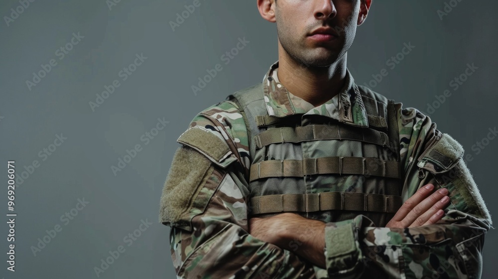 A young soldier in green camouflage stands with crossed arms, looking determined. The serious military theme is emphasized by a neutral gray background. A young soldier in green camouflage stands with crossed arms, looking determined. The serious military theme is emphasized by a neutral gray background.