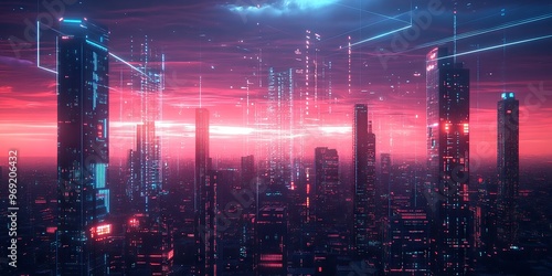 Futuristic Cyberpunk Cityscape with Neon Lights at Dusk