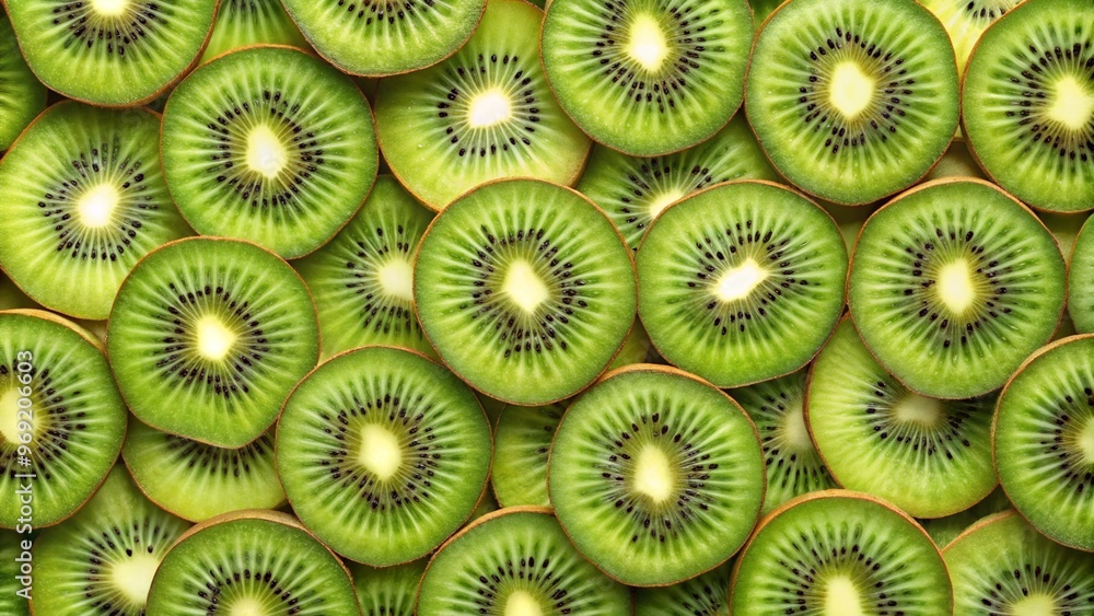 Fresh slices of kiwi arranged beautifully on a vibrant background representing health and freshness Fresh slices of kiwi arranged beautifully on a vibrant background representing health and freshness