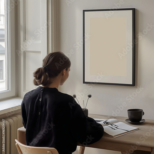 black frame mockup with woman in the wabi-sabi style minimalist interior design, soft color palette