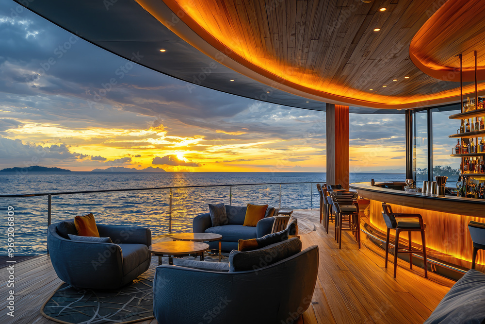 Fototapeta premium A luxurious lounge with bar offers stunning ocean views at sunset