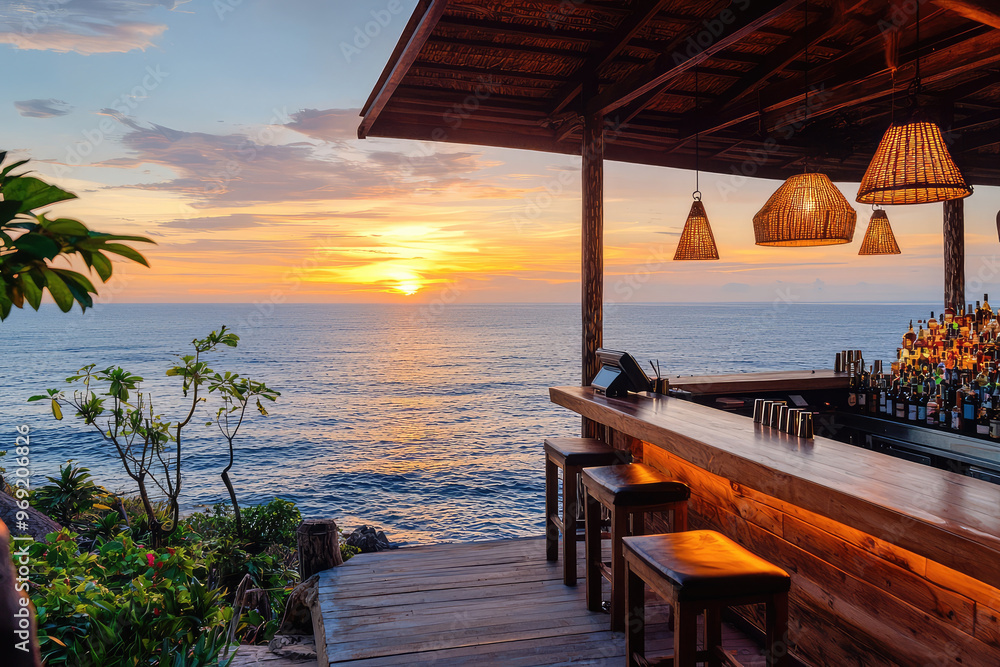 Fototapeta premium A lounge with bar and stunning ocean view at sunset creates serene atmosphere