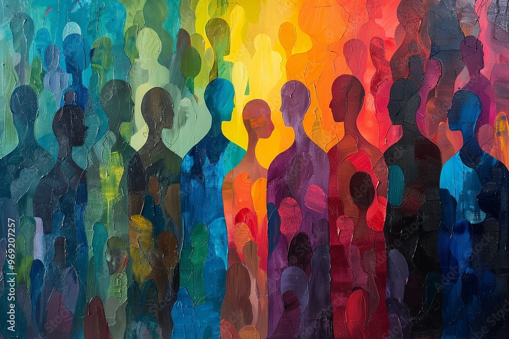 An expressive abstract painting featuring a multitude of indistinct figures in a spectrum of colors. The vibrant background enhances the theme of unity and diversity in this visually stunning composit An expressive abstract painting featuring a multitude of indistinct figures in a spectrum of colors. The vibrant background enhances the theme of unity and diversity in this visually stunning composit