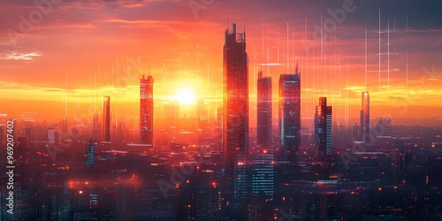 Futuristic Cityscape at Sundown with Glowing Skyscrapers