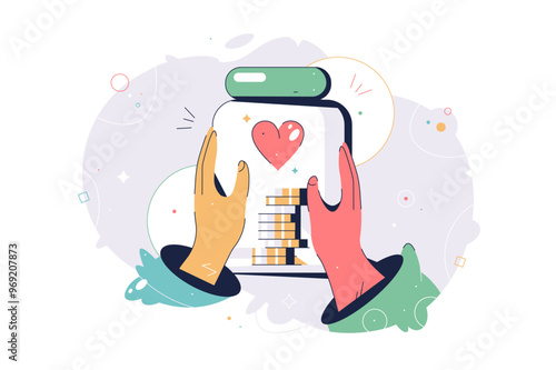 People hands holding donation jar with coins and donating money for charity. Volunteers collecting charitable donations. Charity financial support concept. Flat cartoon vector illustration. Abstract 
