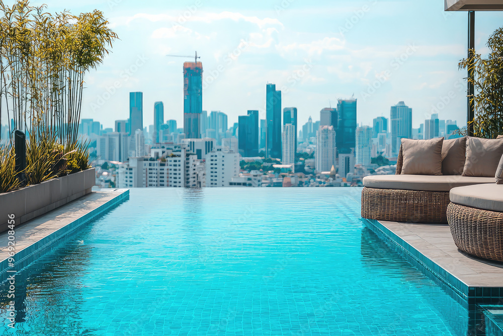 Fototapeta premium A stunning lounge with pool and breathtaking view of city skyline
