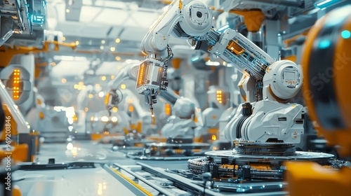 A futuristic factory where smart robotic arms and AI systems work in unison to produce complex machinery