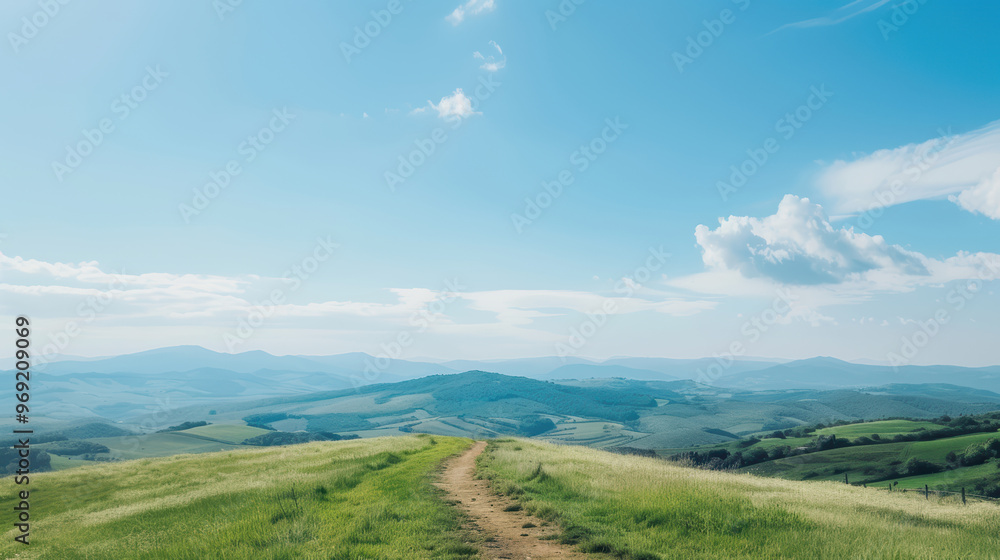 Scenic pathway through rolling hills and vast blue sky Scenic pathway through rolling hills and vast blue sky