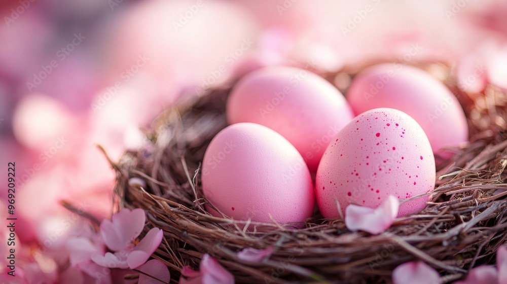 Fototapeta premium Pink Easter eggs in a nest surrounded