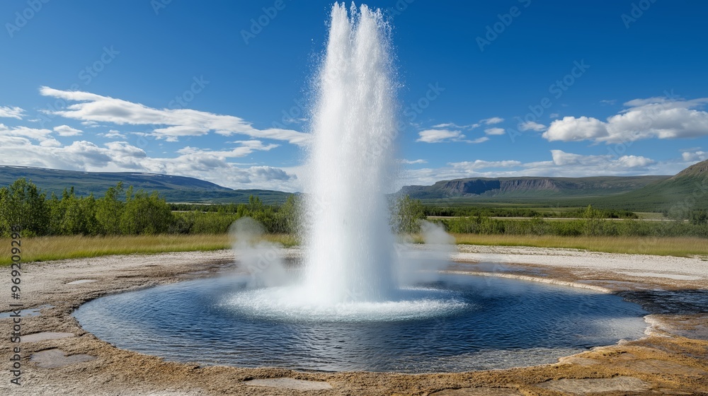 A geyser erupts in a geothermal area, sending hot steam into the air against a backdrop of blue skies and a barren landscape A geyser erupts in a geothermal area, sending hot steam into the air against a backdrop of blue skies and a barren landscape