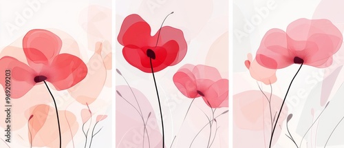 Wallpaper Mural Abstract Floral Art Featuring Pink and Red Flowers on a White Background. Minimalist Vector Illustration with Simple Lines and Shapes, Presented as a Triptych. Torontodigital.ca