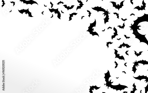 halloween bat background. many silhouettes of bats fly chaotically on a white background. backdrop, frame, card with copy space