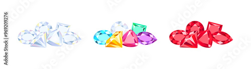 Set of gemstones. Heaps of colorful crystals. Vector cartoon flat illustration.