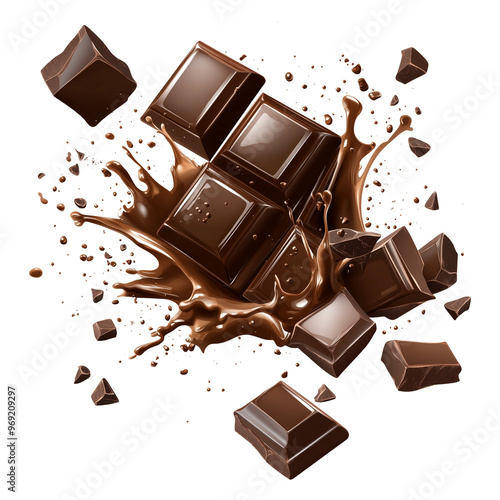 Delicious pieces of dark chocolate splashing in liquid for food and dessert concepts, Cutout, Isolated on White Background