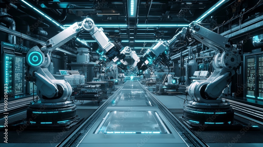 A sleek, futuristic factory floor with robotic arms assembling large components under the guidance of AI