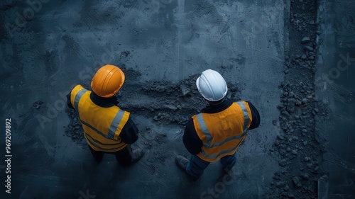 Engineers inspecting foundation work for a new skyscraper, ensuring compliance with building codes, construction safety, compliance