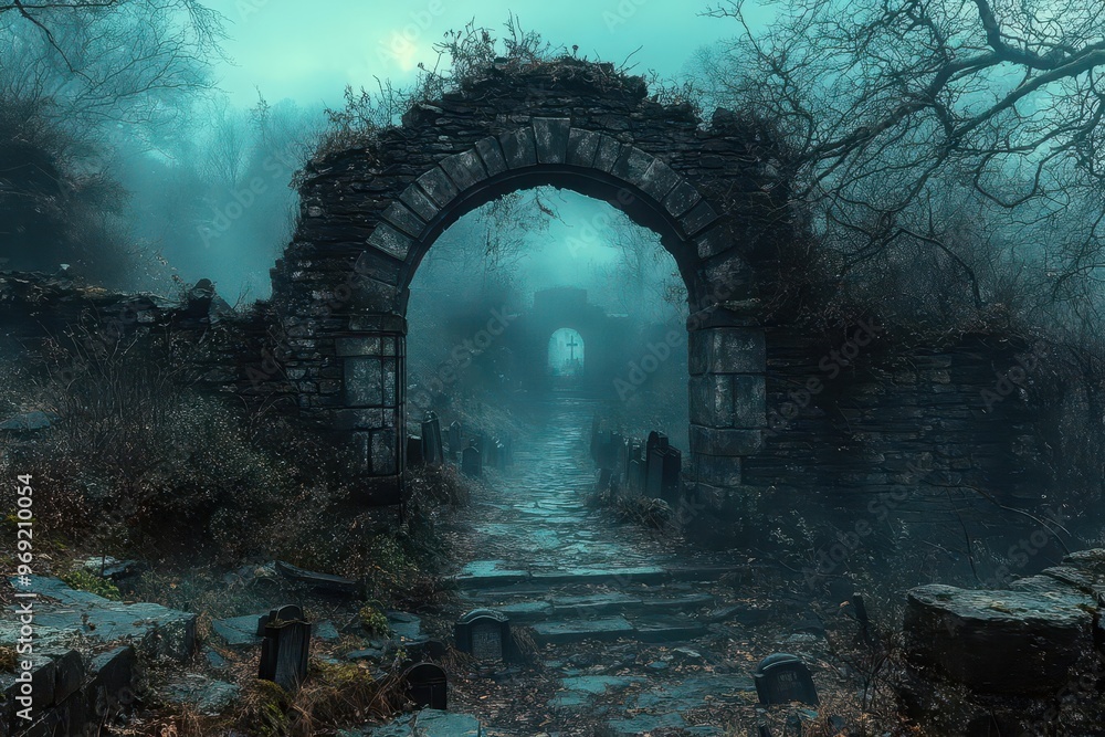 gothic fantasy archway framed by gnarled branches and thorny vines opening to a misty moonlit graveyard beyond gothic fantasy archway framed by gnarled branches and thorny vines opening to a misty moonlit graveyard beyond