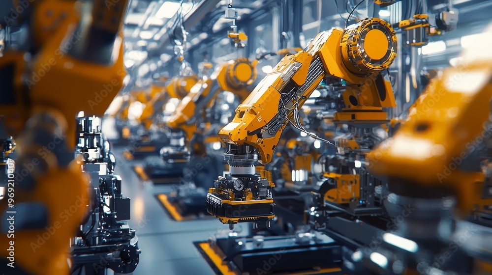 A detailed shot of a modern production line where autonomous machines handle delicate parts assembly A detailed shot of a modern production line where autonomous machines handle delicate parts assembly