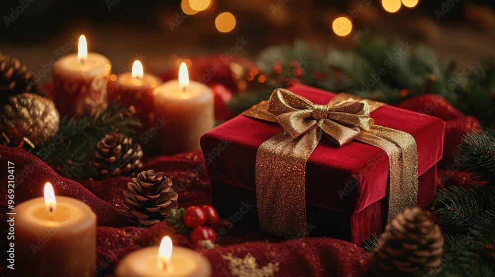 A Christmas gift box wrapped in red velvet fabric with a golden bow, placed among holiday candles and pinecones A Christmas gift box wrapped in red velvet fabric with a golden bow, placed among holiday candles and pinecones