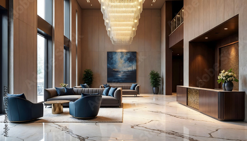 Luxurious Lobby with Modern Furniture and Chandeliers, Photo Realistic, Wallpaper, Cover and Screen for Smartphone, PC, Laptop, 16:9 Format
