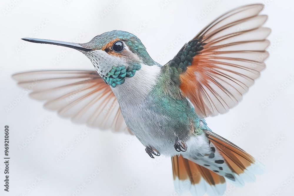 Naklejka premium graceful hummingbird frozen in midflight against a pure white background iridescent feathers and delicate wings capture the birds beauty and agility in exquisite detail