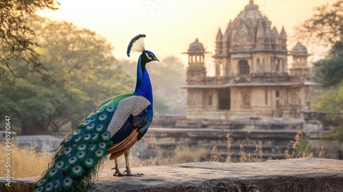 A peacock standing majestically in front of an ancient temple, blending natural beauty with architectural grandeur.