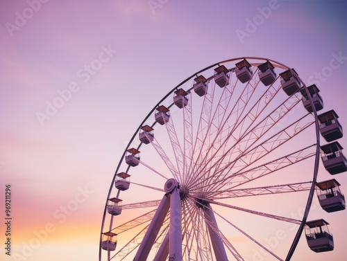 A vibrant and colorful Ferris wheel set against the backdrop of a beautiful sunset at the fairground. Light purple pink lavender sky. photo