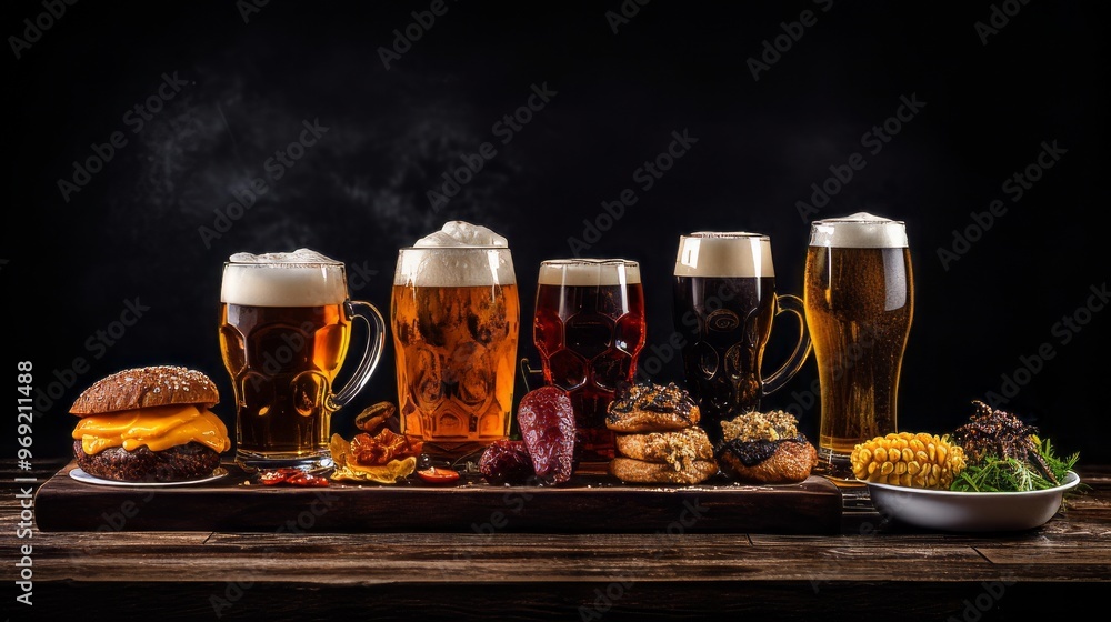 Beer glasses on dark table in old chamber. Neural network ai generated art Beer glasses on dark table in old chamber. Neural network ai generated art