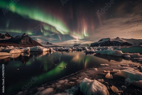 An icy tundra with massive glaciers towering above, under an aurora-lit sky. photo