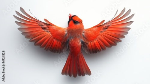 Vibrant Cardinal Mid-Flight Displaying Spread Wings Against White Background photo