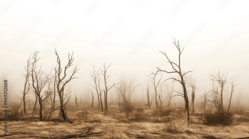 A haunting and eerie scene of dry, dead trees shrouded in thick fog, evoking a sense of desolation and isolation in a barren, fog-covered landscape A haunting and eerie scene of dry, dead trees shrouded in thick fog, evoking a sense of desolation and isolation in a barren, fog-covered landscape