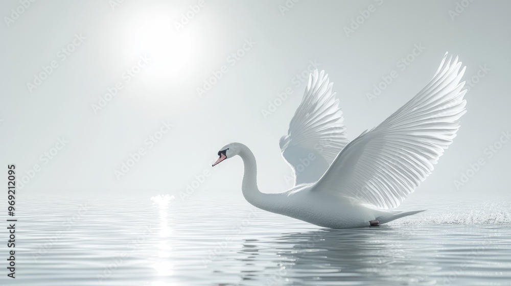 Obraz premium Graceful Swan Spreading Wings on Tranquil Misty Morning Lake