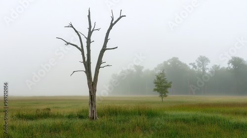 Wallpaper Mural A haunting and eerie scene of dry, dead trees shrouded in thick fog, evoking a sense of desolation and isolation in a barren, fog-covered landscape Torontodigital.ca