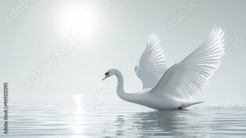 Graceful Swan Spreading Wings on Tranquil Misty Morning Lake