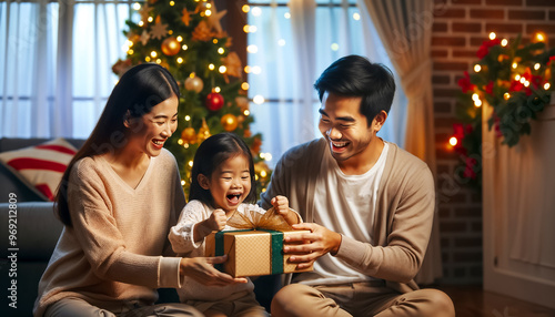 A joyful family gathers in their warmly lit living room, exchanging laughter as they unwrap gifts together. The Christmas tree is beautifully decorated, enhancing the festive atmosphere