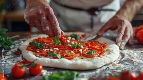 Chef preparing fresh homemade pizza with tomatoes and basil in rustic kitchen