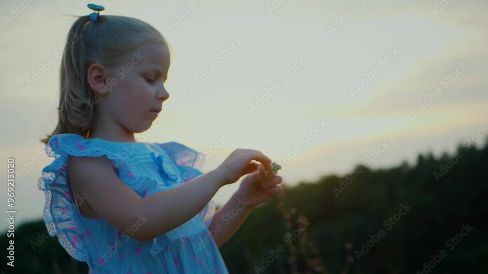 A little girl in a blue dress standing happily in a sunlit field. A ...