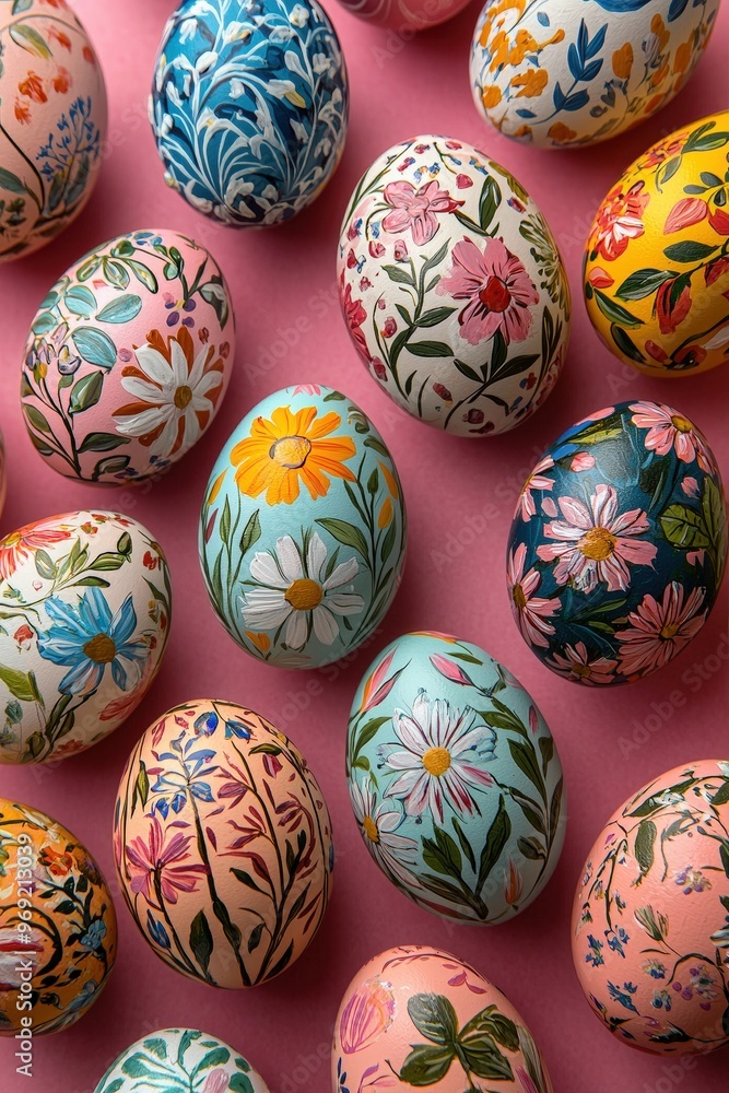 Hand Painted Easter Eggs with Floral Designs on Pink Background Hand Painted Easter Eggs with Floral Designs on Pink Background