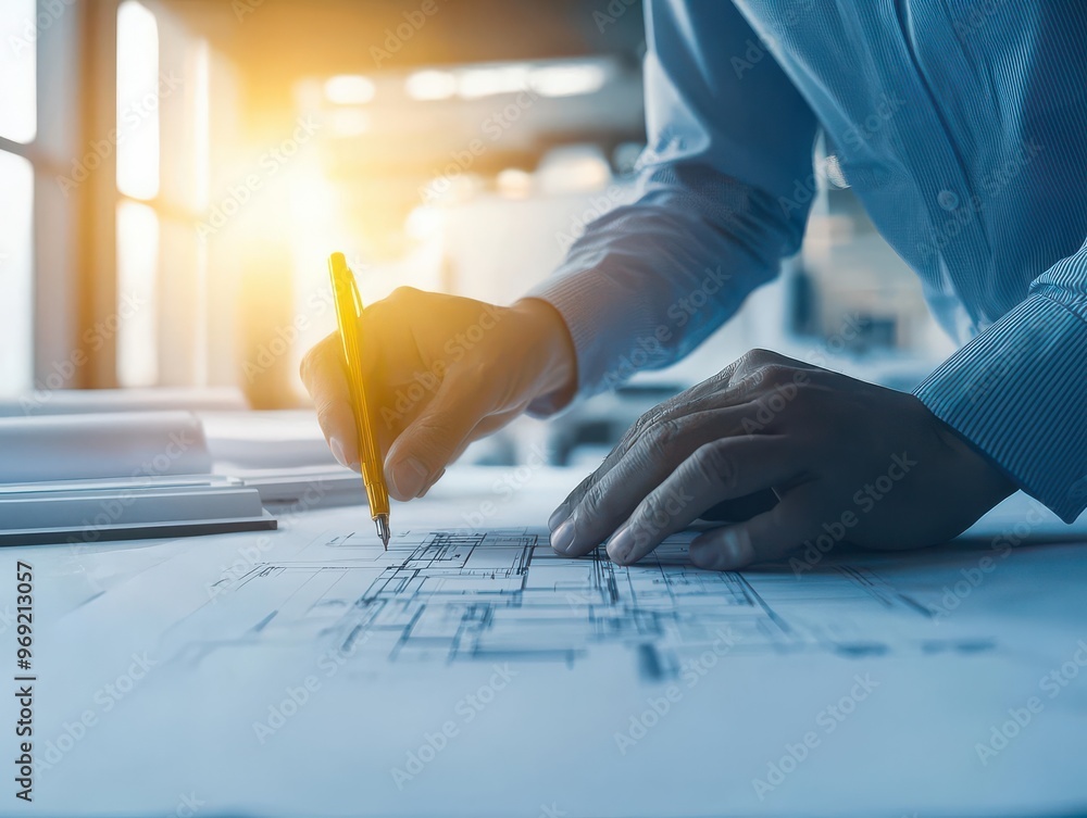 © Khuefa - A team of architects working late, surrounded by blueprints and digital models, dedication, building compliance © Khuefa - A team of architects working late, surrounded by blueprints and digital models, dedication, building compliance