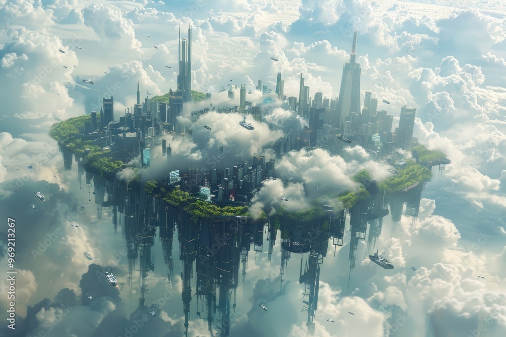 Futuristic floating city in clouds Futuristic floating city in clouds
