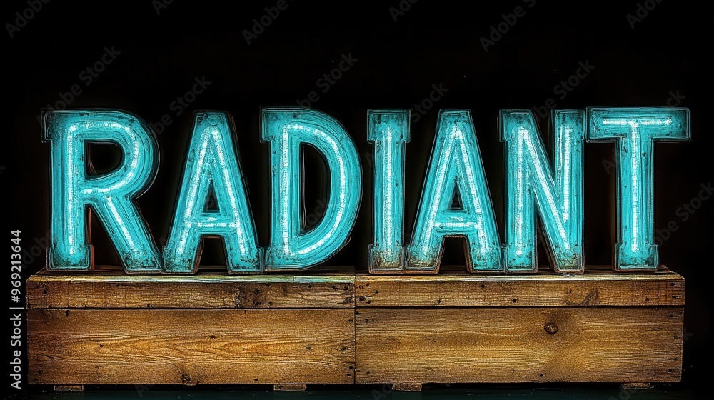 Fototapeta premium Neon sign spelling radiant with glowing blue letters