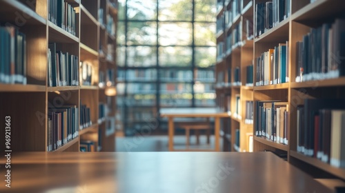 A blurry view of a classroom and library interior, offering a perfect educational backdrop for academic and resource business concepts.